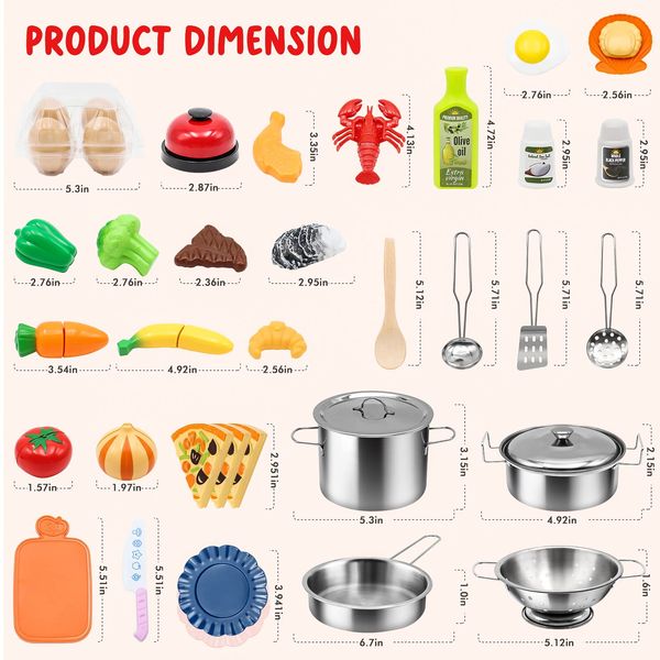 Kids Pretend Play Kitchen Accessories Set, 38Pcs Stainless Steel Play Pots Pans Sets for Kids, Toy Cookware Cooking Utensils Play Food Dish Toddler Kitchen Playset Gifts for Boys Girls