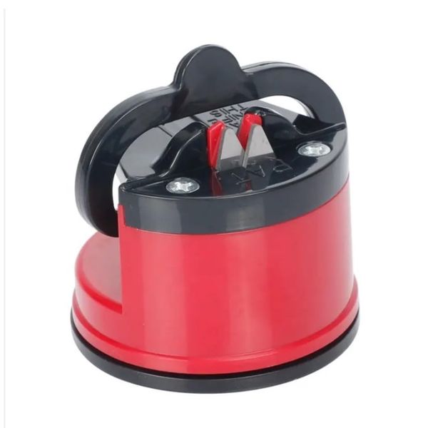 Knife Sharpener, Sharpening Kitchen Knives, Hands Free Safety, Manual Sharpening Tool - Compact Knife Sharpener UK - Knife and Scissors Sharpener for Straight and Serrated Knives (Red)