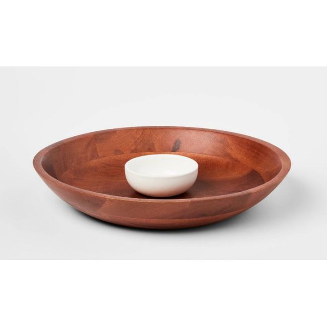 Ceramic Signature Chip and Dip Serving Bowl Wooden Vegetable Tray-Threshold 14A