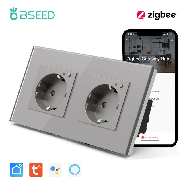 BSEED Wall Light Switches Glass Panel Wifi Dimmable Switches Google Alexa  Smart Double Sockets Power Outlets