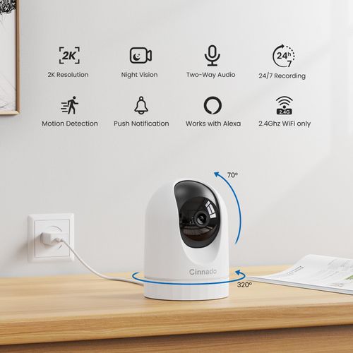 Cinnado Security Camera Indoor-2K 360° WiFi Cameras for Home Security，Pet/Dog/Baby Camera with Phone app, 2-Way Audio, Night Vision, 24/7 SD Card Storage, Works with Alexa & Google Home (2.4Ghz)-D1