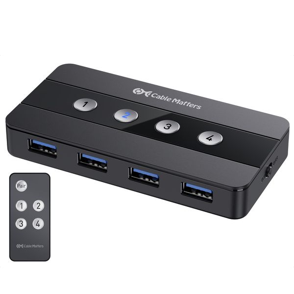 Cable Matters 4 Port USB 3.0 Switch Hub/KVM Switch, USB Switcher for 4 Computers and USB Peripherals - Button or Wireless Remote Control Swapping - Includes USB-C Adapter for USB-C and Thunderbolt 3