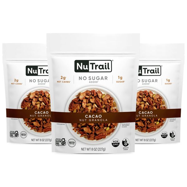 NuTrail Nut Granola, Cacao, No Sugar Added, Gluten Free, Grain Free, Keto, Low Carb, Healthy Breakfast Cereal 8 oz. 3 Count