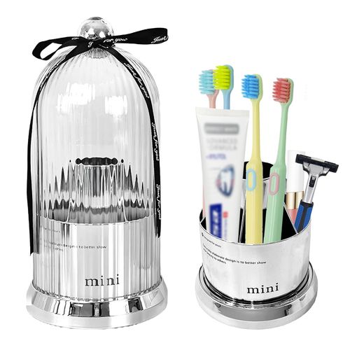 Multi Functional Rotating Toothbrush Holders with Sliding Base, 7 Slot Bathroom Countertop Organizer Perfect for Tooth Brush, Toothpaste, and Makeup Brushes Storage (Silver)
