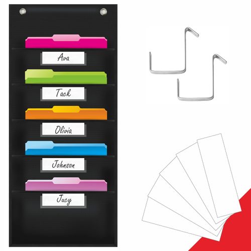 Organization Pocket Chart, Wall File Organizer Folder with 5 File Pockets, 5 Dry-Erase Name Cards Plus 2 Over Door Hooks, 14 X 28 inch