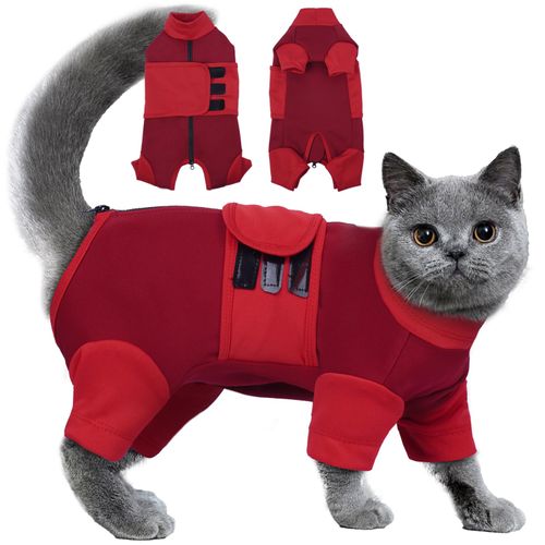Cat Anxiety Relief Suit, Four-Legged Clothes Adjustable Calming Vest for Thunderstorms, Fireworks, Loud Noises, Separation, Roadtrip, Comfortable Wrap to Keep Cats Calm, Red Medium