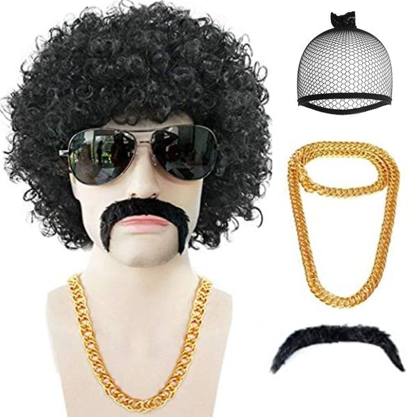 Anogol+Wig Cap+Mustache+Necklace 4Pcs Afro Wig Men 80S 70S Wigs for Men 70S Outfits for Men Afro Wigs 70'S Disco Wig for Halloween Short Black Wigs for Disco Costume Party Curly Wig Men Cosplay