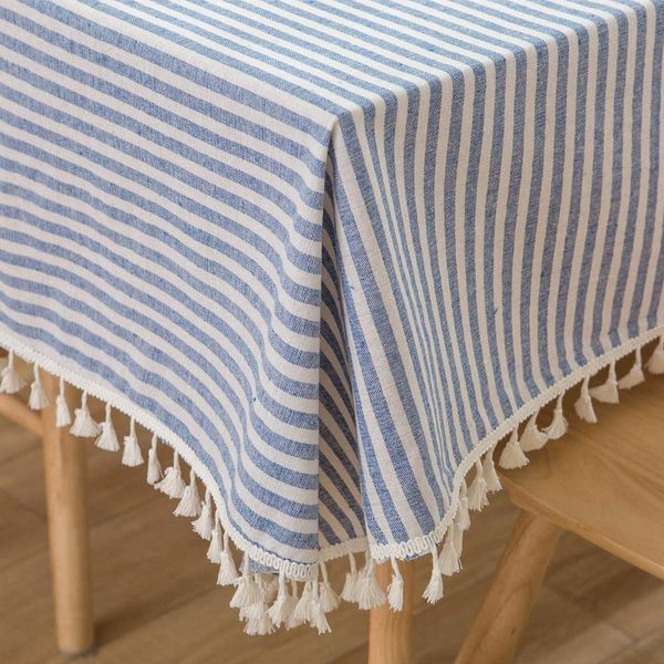 Plenmor Cotton Linen Table Cloth Stripe Tassel Square Tablecloth Dust-Proof Table Cover for Kitchen Dinning Tabletop Decoration (140cm x 140cm, Blue)