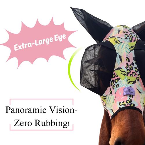 Horzmetnex Stretchy Horse Fly Mask with Extra-Large Eyes & Mane Opening – Soft, Breathable Fly Mask for Horses, Tangle-Free Design, Enhanced Visibility (Pink and Blue Stripes, Full (Large))