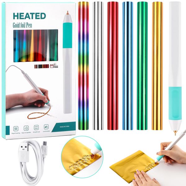 Hot Foil Roll & Hot Heated Foil Pens Set, Foil Quill Tool Freestyle Starter Kit, Includes 1 USB Heat Foil Pen and 6 PCS 5.9inch x 4.26feet Glimmer Foil Rolls for Card Making Craft Projects 0.8mm Tips