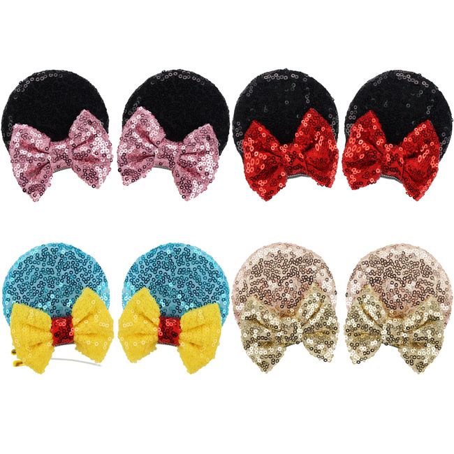 8PCS Sequin Mouse Mickey Ears Hair Clips Glitter Hair Bows Cute Miniie Mice Ears Clips Barrettes for Women Girls Hair Accessories for Costume Party Favor Halloween Christmas Decoration