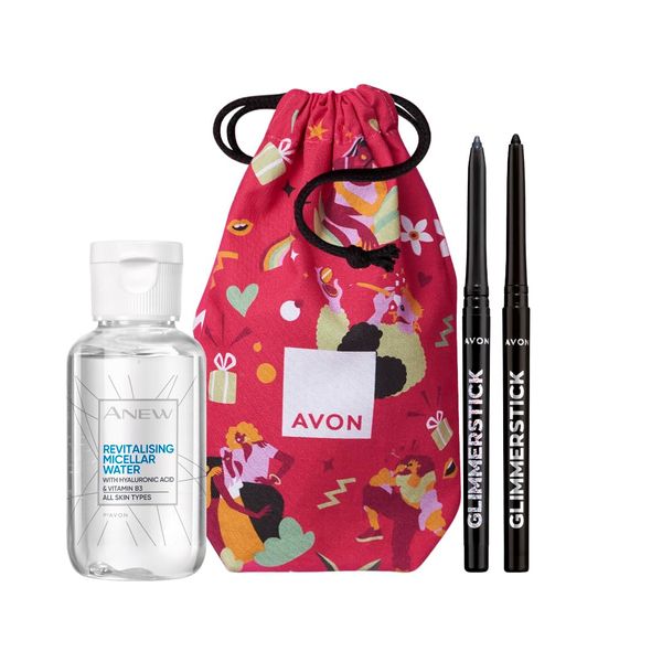 Avon Glimmerstick Eye Three Piece Gift Set with Glimmerstick Eyeliner in Black, Glimmerstick Diamonds Eyeliner in Smokey Diamond and Revitalising Micellar Water Trial Size 50ml in a drawstring pouch