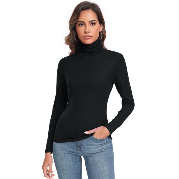 Women's Turtleneck Long Sleeve Shirts Fall Fashion Basic Layering Slim Fit Soft Thermal Underwear Tops Black Large