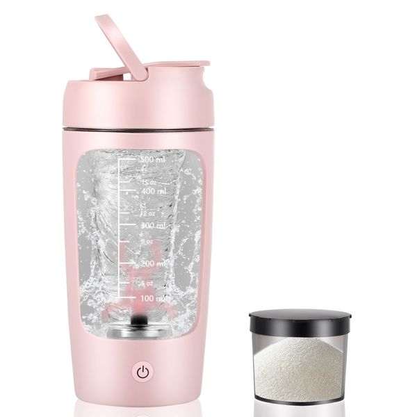 Elektrischer Protein Shaker Flasche 650ML,Shaker Proteinshake, Automatischer Protein, Kaffee, Milchshakes Shake Mixer, mit USB Wiederaufladbar und integriertem Pulverbehälter für Sport,Fitness (pink)