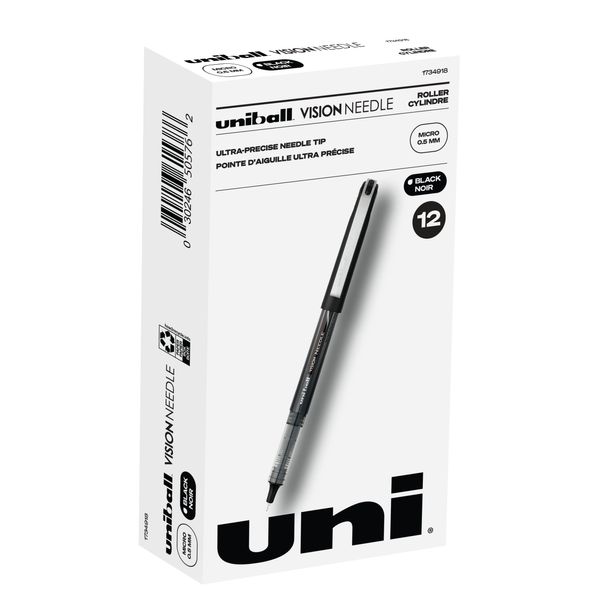 Uniball Vision Needle Rollerball Pens, Black Pens Pack of 12, Micro Pens with 0.5mm Ink, Ink Black Pen, Pens Fine Point Smooth Writing Pens, Bulk Pens, and Office Supplies