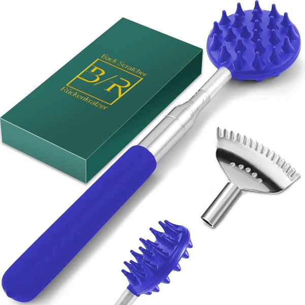 VOMEP Back Scratcher with 5 Pcs Detachable Heads, Portable Extendable Backscratchers Gifts for Women Men, Stocking Fillers, Metal Stainless Steel Massager/Backslap for Scratching (Blue)