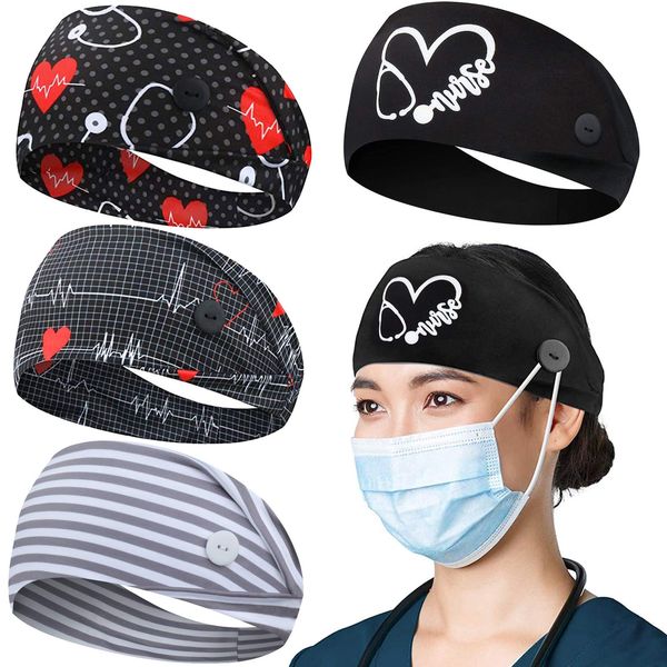 ABAMERICA Headbands with Button for Mask, Wide Nurses Headbands Non Slip Elastic Ear Protection for Women Men Doctors Sweatband Head Wrap (BUTTON- 4 PACK COLOR07)