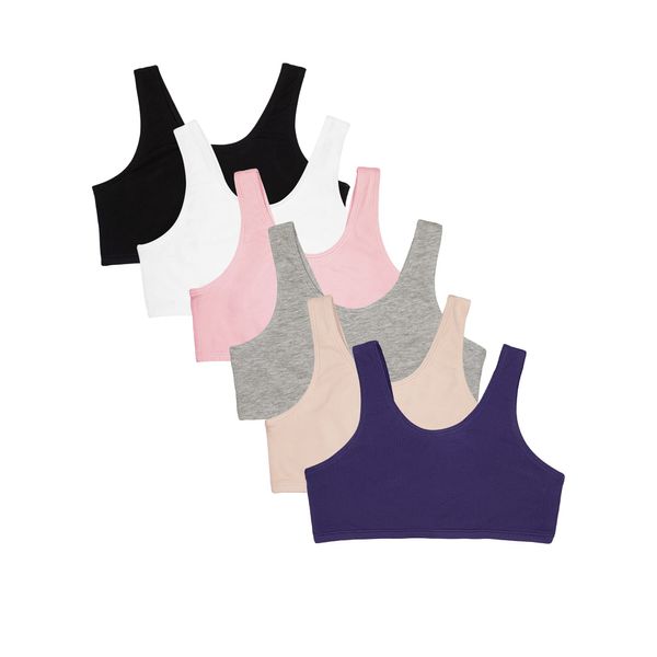 Fruit of the Loom Girls' Cotton Built-up Stretch Sports Bra, Blueberry/Black/Grey/White/Sand/Blush, 36