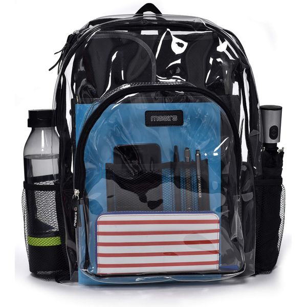 Masirs Heavy Duty Clear Backpack, Stadium Approved Transparent Design, Quick Access at Security Checkpoints, Adjustable Shoulder Straps, Dual Zippered Compartments & Mesh Side Pockets, (16"H x 11"W)