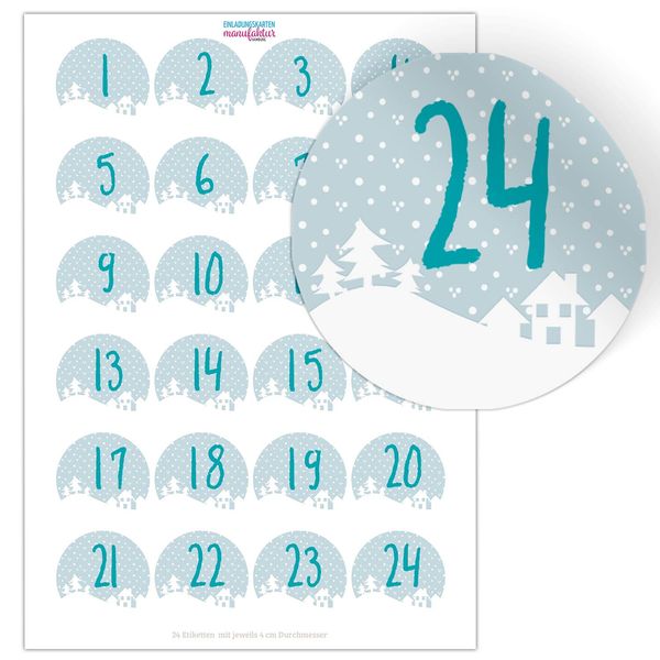 Adventskalender-Zahlen Aufkleber 1 bis 24 / Weihnachts Landschaft/Etiketten/Sticker/Weihnachtskalender/Advent/Rund/DIY/zum Aufkleben