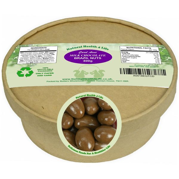 Natural Health 4 Life Carol Anne Confectionery Milk Chocolate Brazil Nuts (Brazils) 400 g in Recyclable Tub (1 Tub)