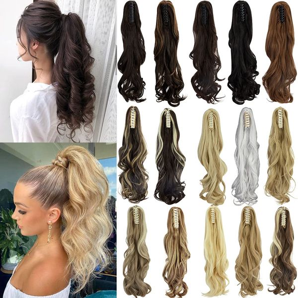 18 Inch Long Claw Ponytail Hair Extension One Piece Clip in Ponytail Jaw/Claw Synthetic Hairpieces Curly Wavy Ponytail Extensions (Ash Blonde)