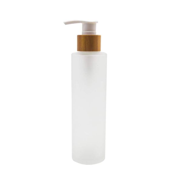 1PCS 150ml/5oz Frosted Glass Pump Bottles Empty Refillable Press Pump Bottle with Bamboo Pump Head Toiletries Storage Containers for Shampoo Essential Oils Shower Gel Hand Wash Lotion Dispenser