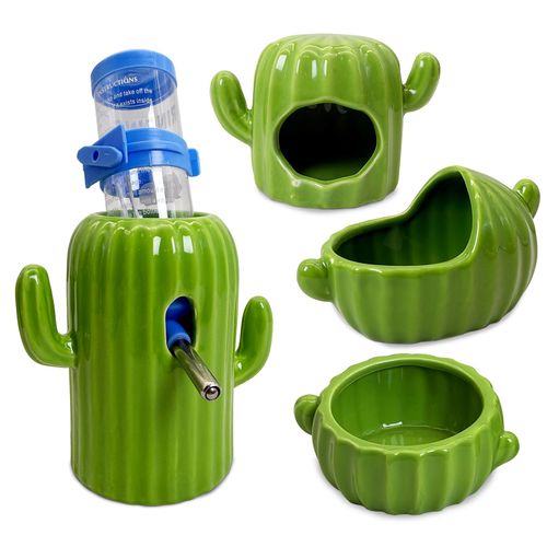 PINVNBY Cactus Ceramic Dwarf Hamster Hideout, Hamster Water Bottle, Sand Bath, Food Bowl & 125ML Water Bottle Holder for Dwarf Hamster Cage Accessories