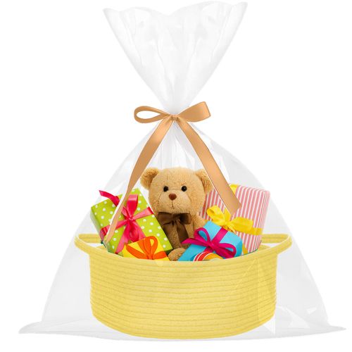 ShellKingdom Storage Basket with Handles, Empty Gift Basket with Gift Bags and Ribbon, Small Woven Baskets for Home, Nursery Storage Organizer, 12 X 8 X 5 INCH, Yellow