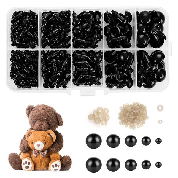 Safety Eyes for Crochet Toys, 300Pcs Assorted Size 5-12mm Safety Eyes with Washer Black Plastic Doll Eyes Toy Crochet Eyes for Amigurumi Teddy Bear Eyes Doll Making Craft with Box (5/6/8/10/12 mm)