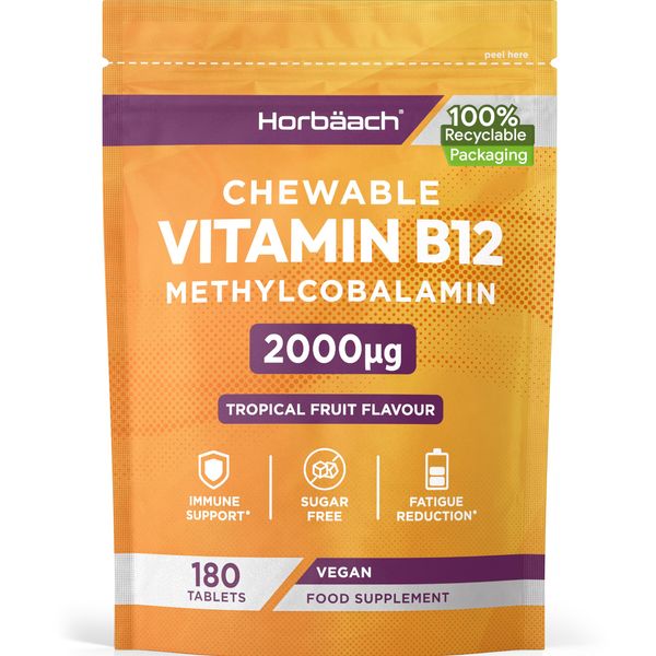 Vitamin B12 Tablets High Strength 2000ug | 180 Chewable Tablets | Tropical Fruit Flavour | Sugar Free Vegan Methylcobalamin Supplement | by Horbaach