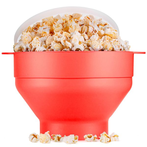 EcoEarth Microwave Popcorn Maker, Collapsible Food-Grade Silicone Popcorn Popper Bowl w/Lid, Hot Air Popper at Home for Family Movie Nights & Quick Cravings, BPA-Free & Dishwasher Safe, Red Pepper