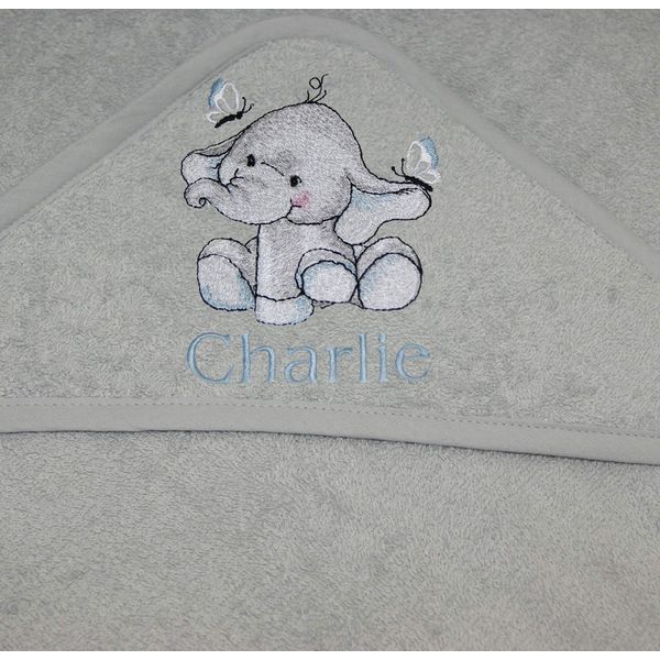 Boys Personalised Elephant Hooded Bath Towel. (Grey)