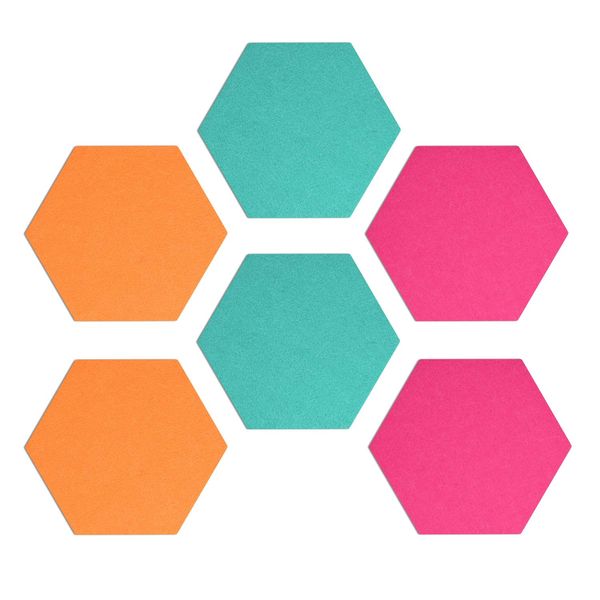 Navaris Hexagon Felt Board Tiles - Set of 6 Notice Memo Bulletin Boards with Push Pins Pack 5.9 x 7 inches (15 x 17.7 cm) - Turquoise, Orange, Pink