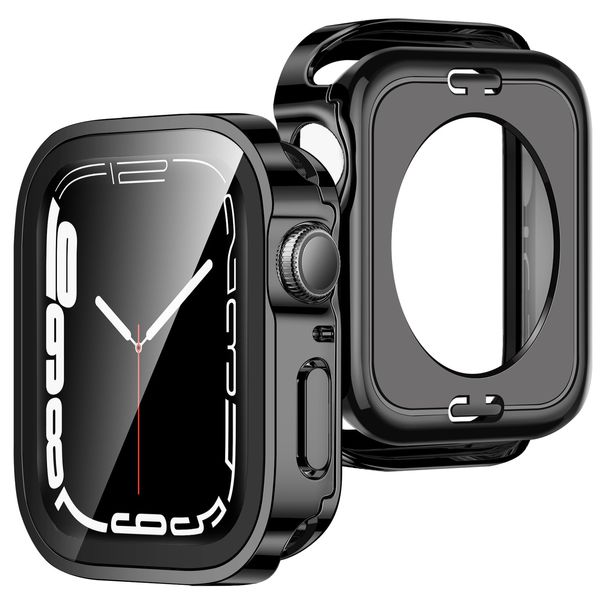 ZZDZZ [2-Pack] 2 in 1 Case Compatible with Apple Watch Series 6 SE 5 4 44mm, Straight Edge Hard PC with Tempered Glass Screen Protector Full Coverage Protective Cover for iWatch 44mm (Black)