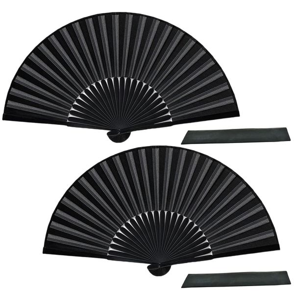 QIMENGJUN 2 Pcs Folding Hand Fan Fabric Hand Fan Black Silk Fabric Bamboo Ribs Hand Held Chinese Fan for Dancing Cosplay Props Wedding Party Home Decorations (1)