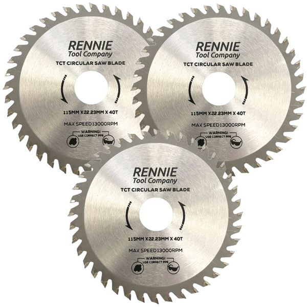 Rennie Tools - Pack Of 3 x 115mm Circular Saw Blade TCT Wood Cutter Blade. 40 Teeth (40T) Carbide Tipped Saws for Woodworking Wood Cutting 7/8 inch (22.23mm) Bore + 20mm and 16mm Reduction Rings.