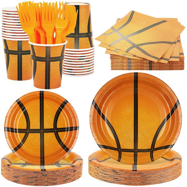 durony 144 Pieces Basketball Paper Plates and Napkins Dinnerware Set Basketball Birthday Party Tableware Supplies Includes Paper Plates Napkins Forks Serve 24 for Sports Basketball Party Supplies