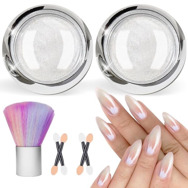 BISHENGYF Pearl Chrome Nail Powder, 2 Boxes Aurora Ice Transparent White Chrome Powder for Nails Glazed Donut Pearlescent Magic Nail Powder Mirror Effect Pigment Glitter with Nail Duster Brush