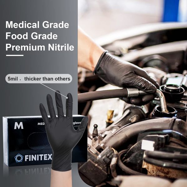 FINITEX - Black Nitrile Disposable Gloves, 5mil, Powder-free, Medical Exam Gloves Latex-Free 100 PCS For Examination Home Cleaning Food Gloves (Medium)