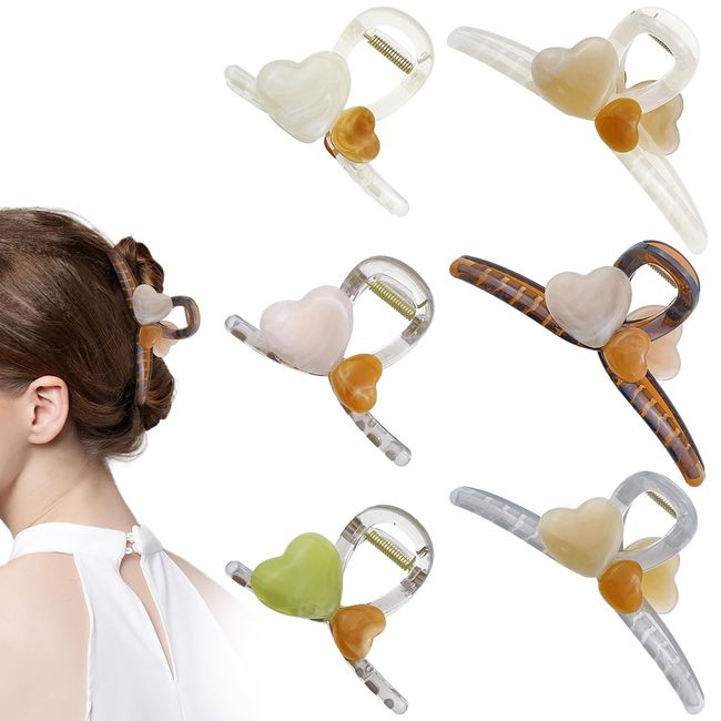 6 Pcs Heart Hair Claw Clips Plastic Hair Jaw Clamp Non-Slip Hair Catch Barrettes Jaw Clamps for Women Girls