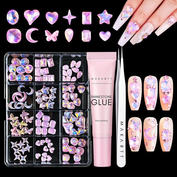 Makartt Nail Rhinestone Glue Gel Kit for Valentine's Day, Strong Adhesive Gel Nail Glue with Nail Crystal Rhinestone, Nail Gem Glue, Nail Glue Gel with 3D Nail Charms Gems