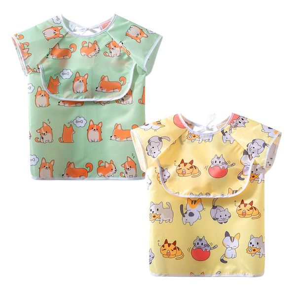 Bib, Baby Meal Bib, Long Sleeve, Waterproof Bib, Sturdy Pockets, Lightweight, Quick Drying, For Kids, Nursery, Short Sleeve Yellow, 半袖