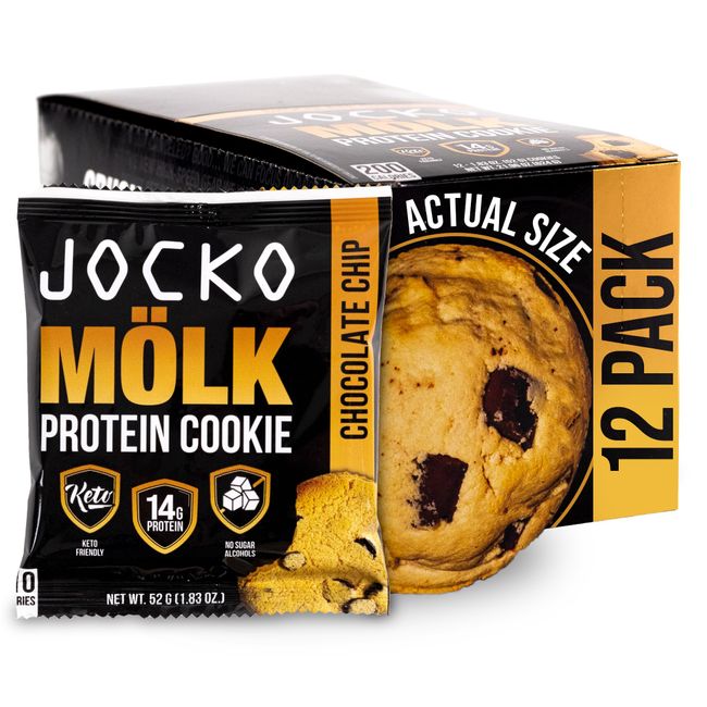 Jocko Fuel High Protein Snacks - Keto Friendly Protein Cookie with No Sugar Alcohol - 12 Pack Chocolate Chip Cookies with 14g of Protein