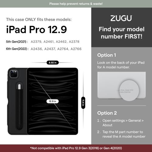 ZUGU Case for iPad Pro 12.9 Case 5th / 6th Generation Stand 2021/2022, Slim Protective Cover with Wireless Apple Pencil Charging, Magnetic Stand & Sleep/Wake Magnetic Cover, Stealth Black