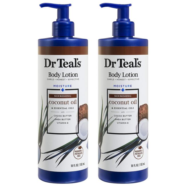 Dr Teal's Coconut Oil Body Lotion Gift Set (2 Pack, 18oz Ea.) - Coconut Oil Blended with Shea & Cocoa Butter Softens & Moisturizes Skin - Essential Oils Nourish & Renew Skin