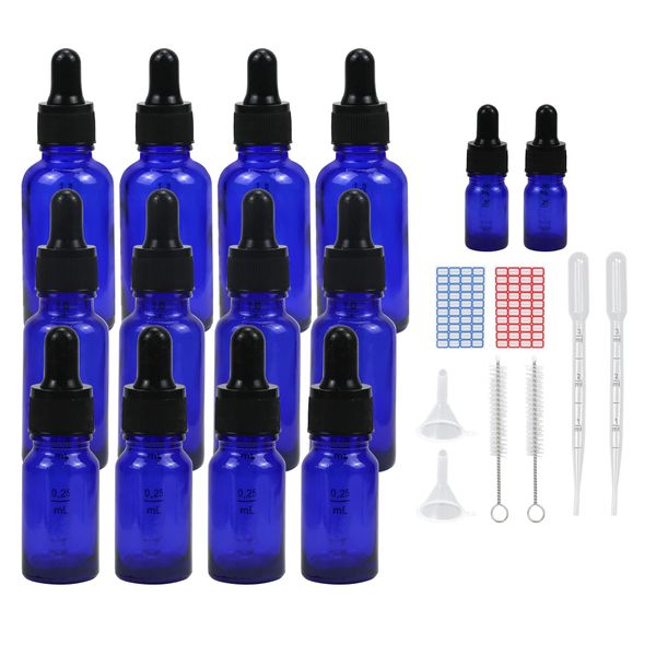 Reyshin 12 Pack Glass Dropper Bottles, 3 Different Volume Blue Glass Bottle with Dropper Pipettes Refillable Sample Dropper Bottle for Essential Oil Aromatherapy Eye Drops(10ml+20ml+30ml blue)