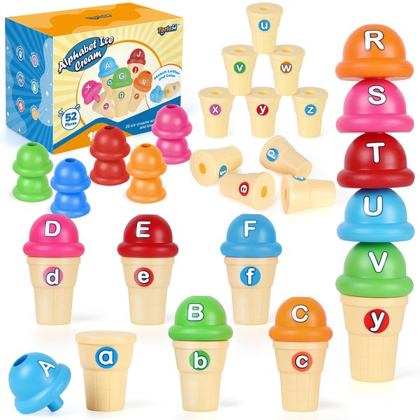 Torlam Alphabet Learning Ice Cream Toy Play Set, Toddler Learning Toy ABC Letter Recognition Matching 26 Letters Games, Kindergarten Preschool Classroom Must Haves Kids Learning Activities, 52 Pieces