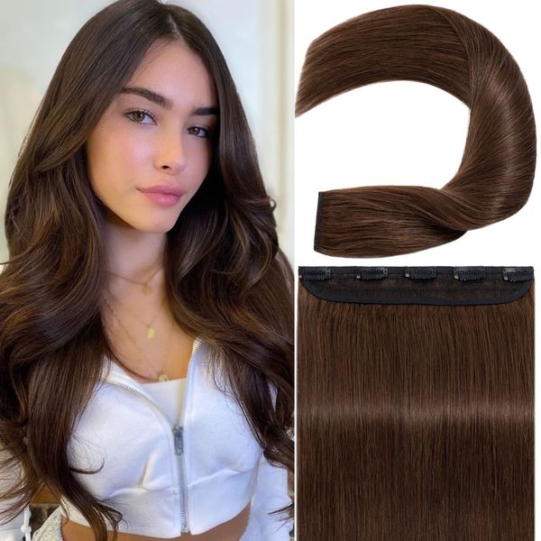 S-noilite Clip in Hair Extensions Human Hair Clip in Human Hair One Piece/5 Clips/3/4 Full Head Standard Weft Clip in Extensions 100% Remy Human Hair Straight 20"(50cm)-50g (#Medium Brown)