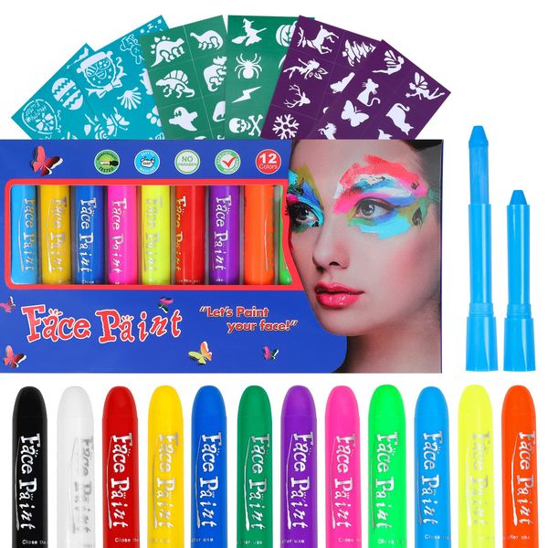 FLYISH DIRECT Face Paint Crayons for Kids, 12 Colors Face Paint for Children with 55 Stencils, Sensitive Skin Face Paint Crayons Kit, Kids Face Painting Kit for Party, Halloween, Cosplay